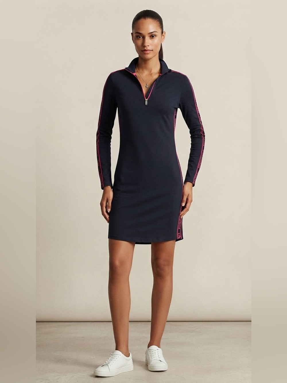 LAUREN Ralph Lauren Navy Blue & Pink Logo Tape Quarter-Zip Dress size XXS